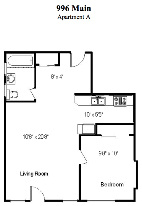 Floor plan for 1 bed, 1 bath, 605 sqft