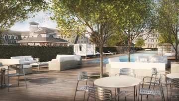 Amityville apartment for rent - a rendering of a patio with tables and chairs and a pool