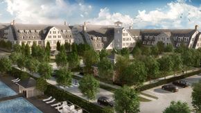 Amityville apartment for rent - a rendering of an apartment complex with a pool and trees