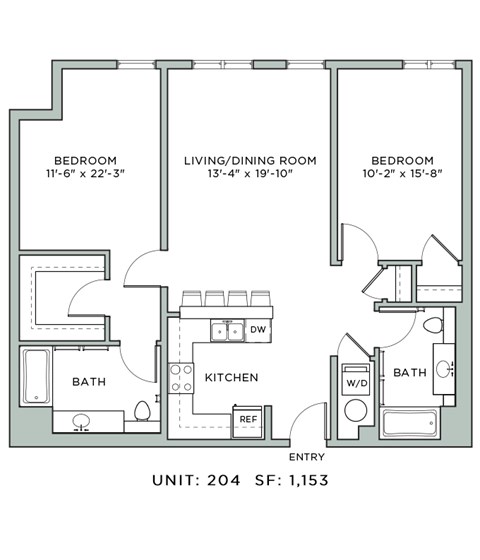 Floor plan for 2 beds, 2 baths, 1153 sqft