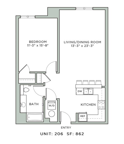 Floor plan for 1 bed, 1 bath, 862 sqft