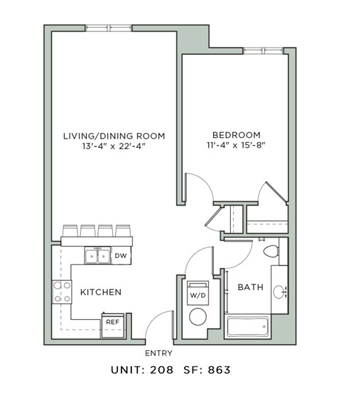Floor plan for 1 bed, 1 bath, 863 sqft
