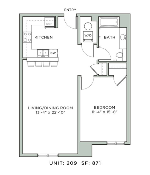 Floor plan for 1 bed, 1 bath, 871 sqft