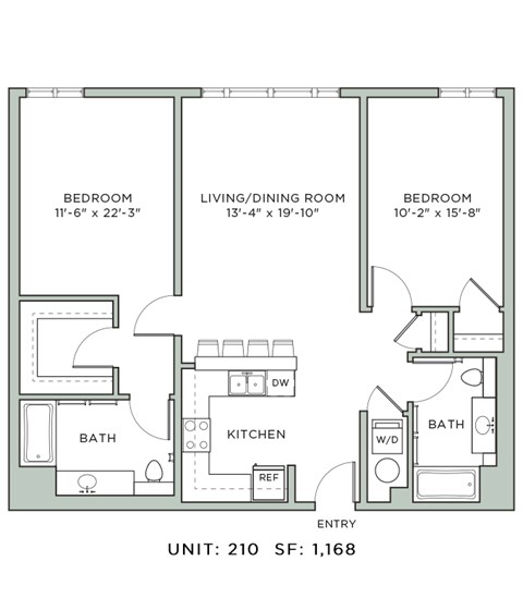 Floor plan for 2 beds, 2 baths, 1168 sqft