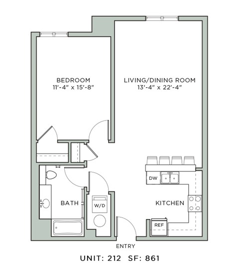 Floor plan for 1 bed, 1 bath, 861 sqft