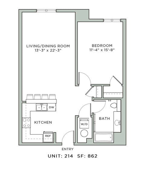 Floor plan for 1 bed, 1 bath, 862 sqft