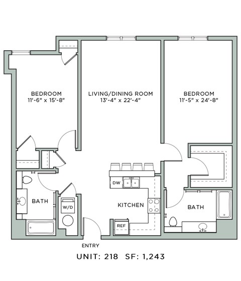 Floor plan for 2 beds, 2 baths, 1243 sqft