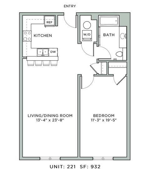 Floor plan for 1 bed, 1 bath, 932 sqft