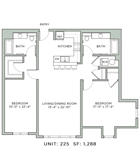 Floor plan for 2 beds, 2 baths, 1288 sqft
