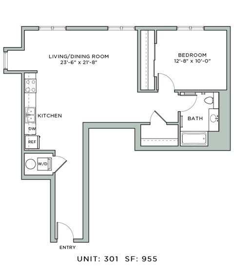 Floor plan for 1 bed, 1 bath, 955 sqft