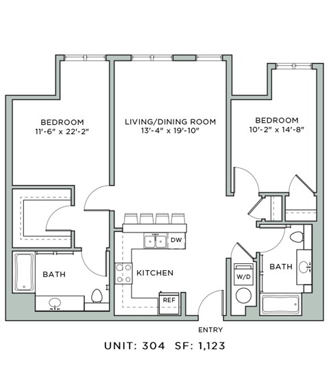 Floor plan for 2 beds, 2 baths, 1123 sqft