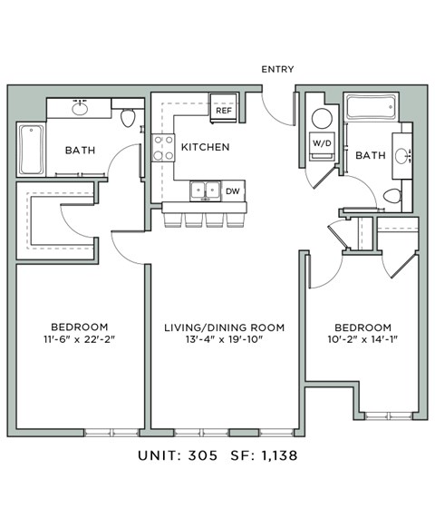 Floor plan for 2 beds, 2 baths, 1138 sqft