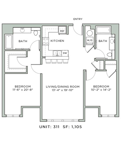 Floor plan for 2 beds, 2 baths, 1105 sqft