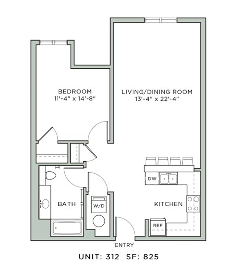 Floor plan for 1 bed, 1 bath, 825 sqft