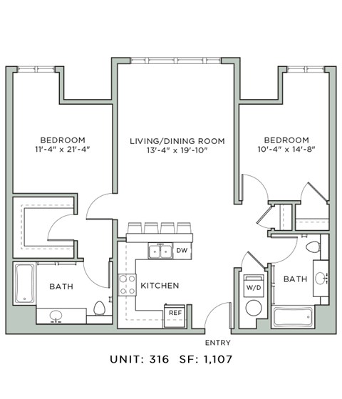 Floor plan for 2 beds, 2 baths, 1107 sqft