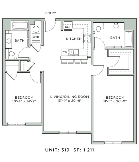 Floor plan for 2 beds, 2 baths, 1211 sqft