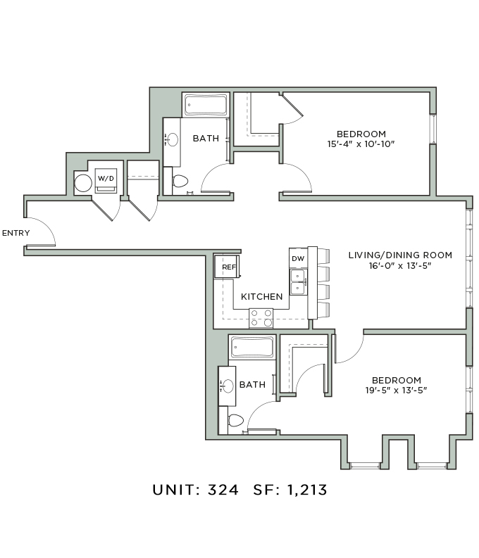 Floor plan for 2 beds, 2 baths, 1213 sqft