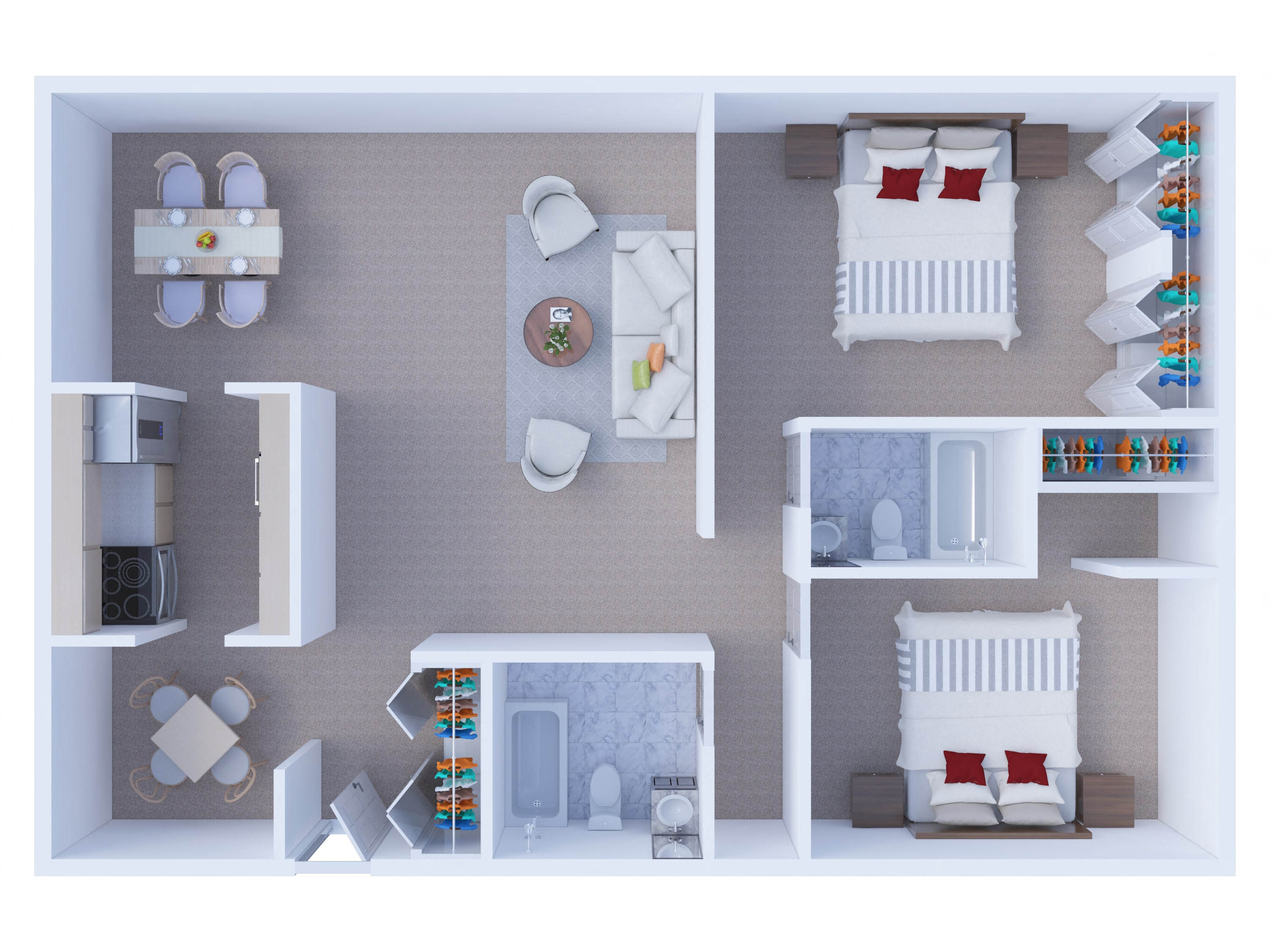 Floor plan for 2 beds, 2 baths, 958 sqft