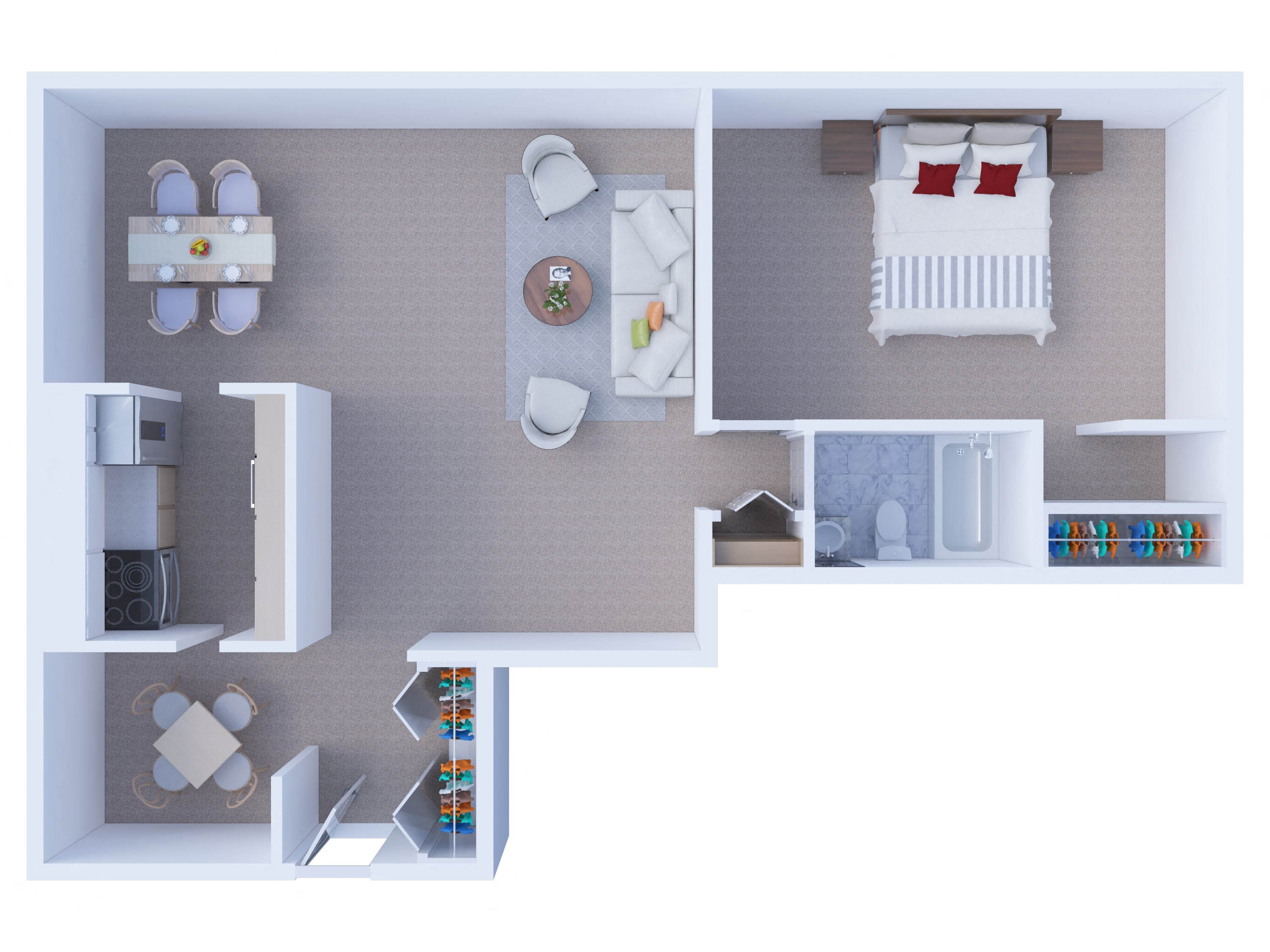 Floor plan for 1 bed, 1 bath, 746 sqft