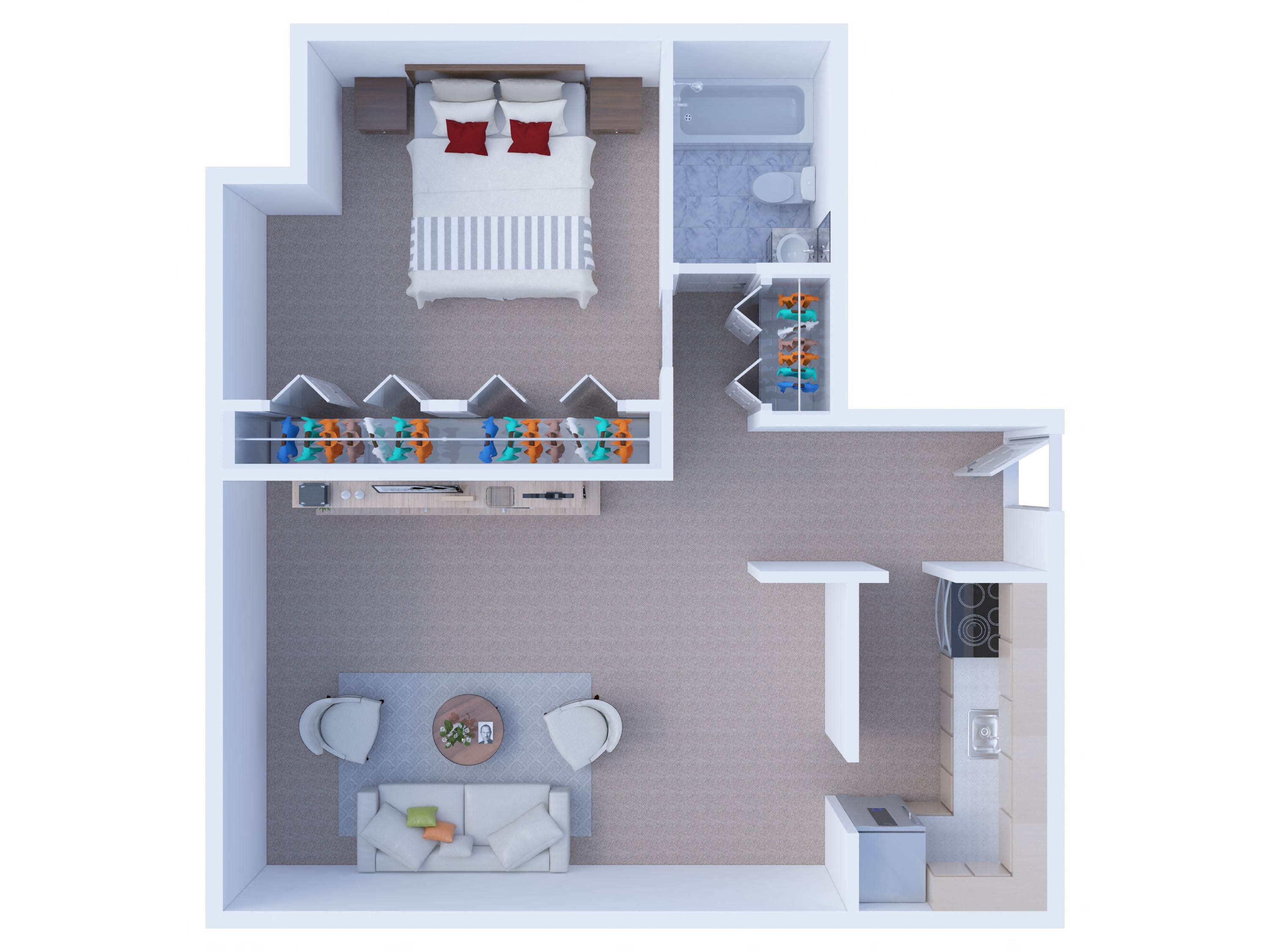 Floor plan for 1 bed, 1 bath, 635 sqft