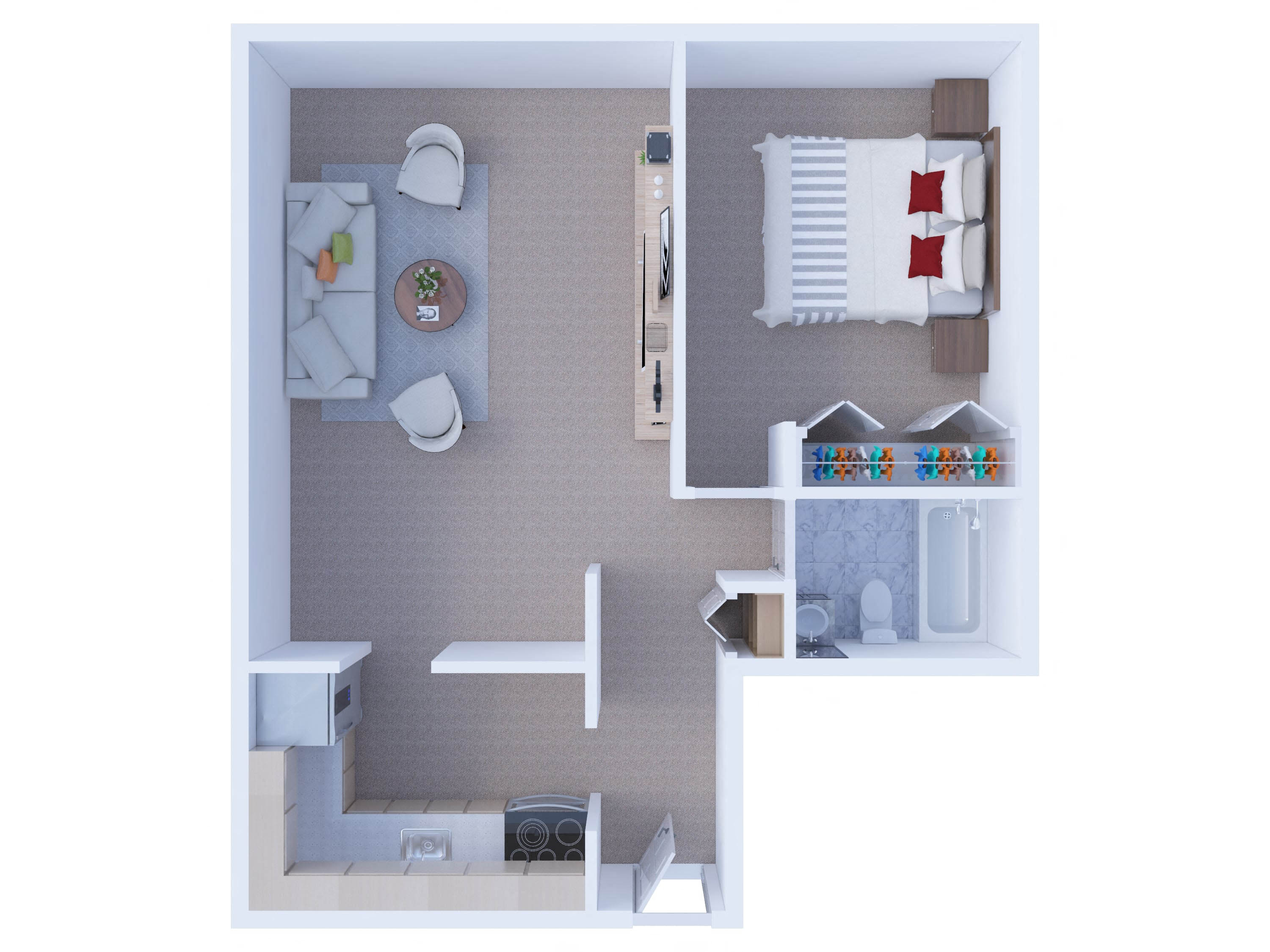 Floor plan for 1 bed, 1 bath, 555 sqft