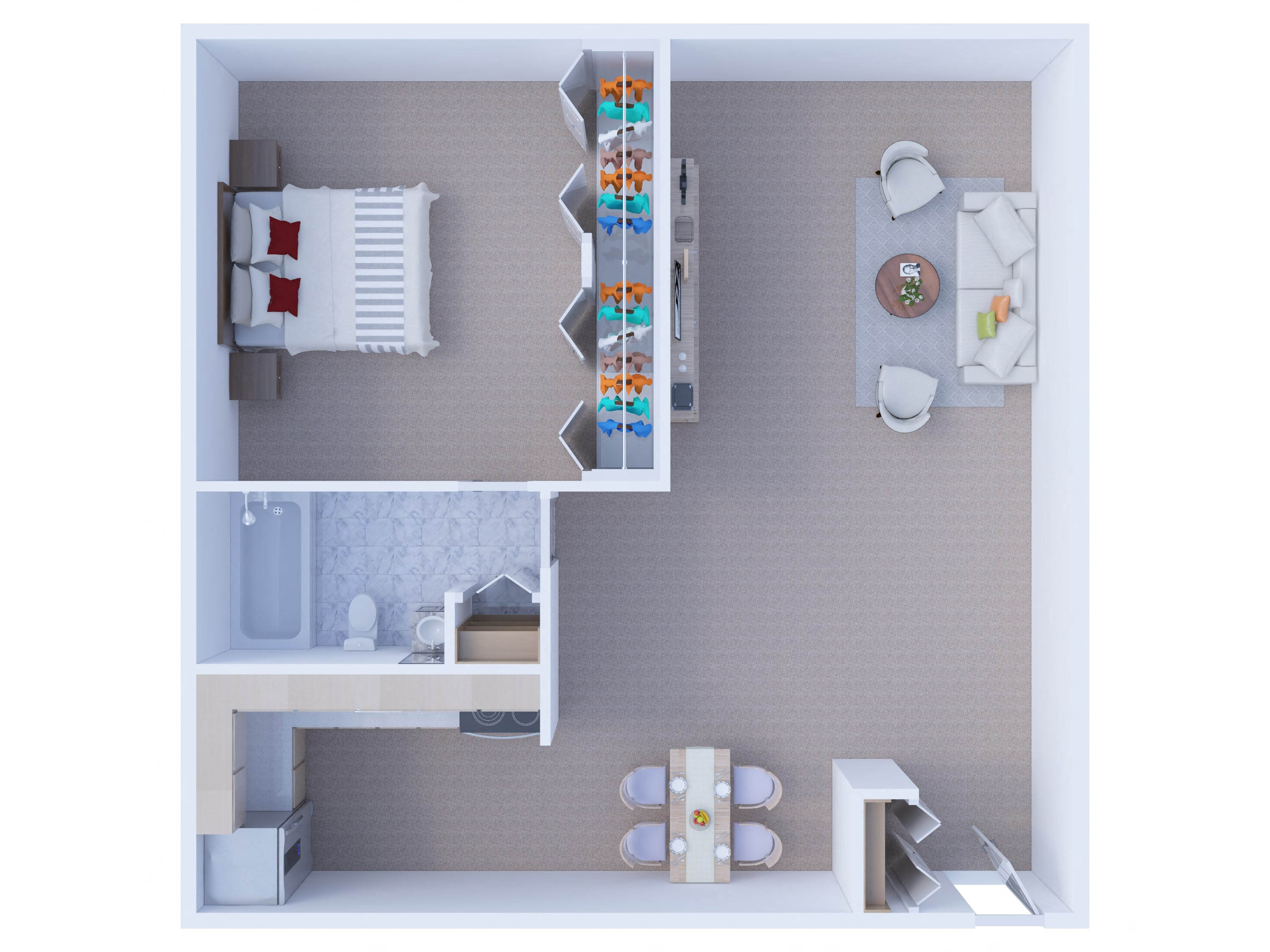 Floor plan for 1 bed, 1 bath, 647 sqft
