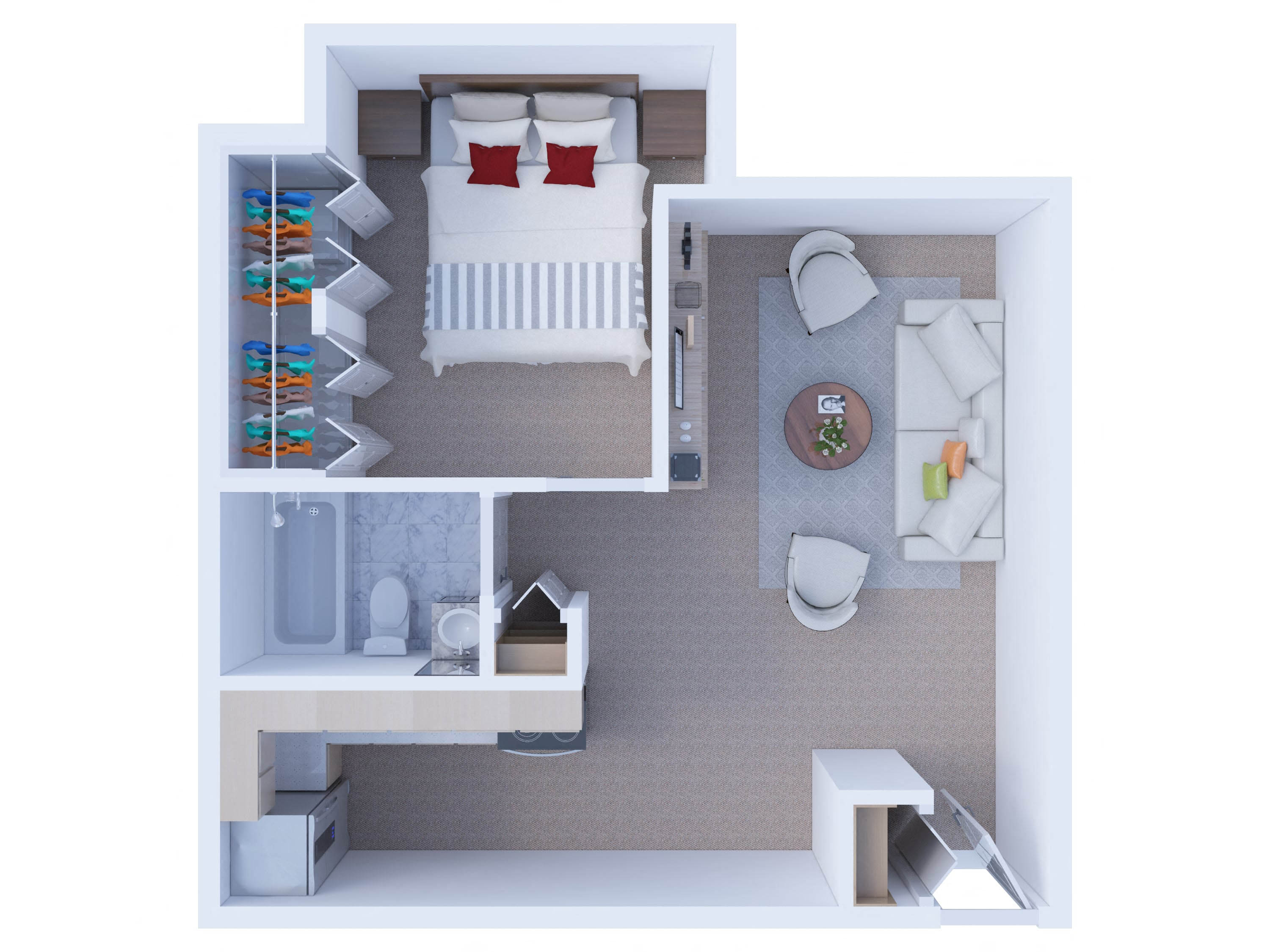 Floor plan for 1 bed, 1 bath, 594 sqft