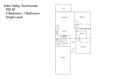 Floor plan for 2 beds, 1 bath, 950 sqft