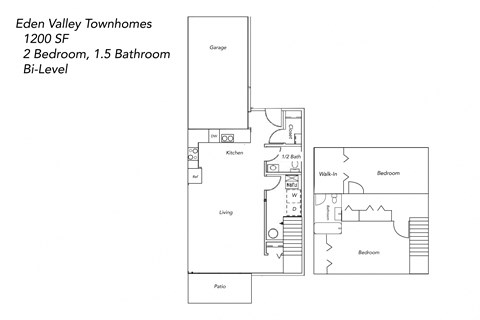 Floor plan for 2 beds, 1.5 baths, 1200 sqft