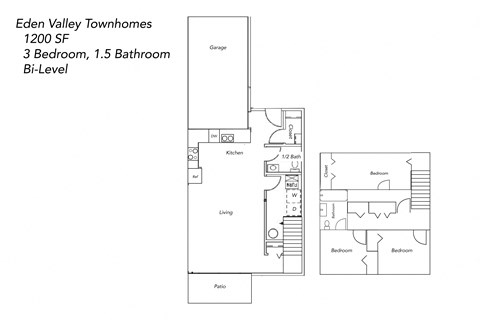Floor plan for 3 beds, 1.5 baths, 1200 sqft