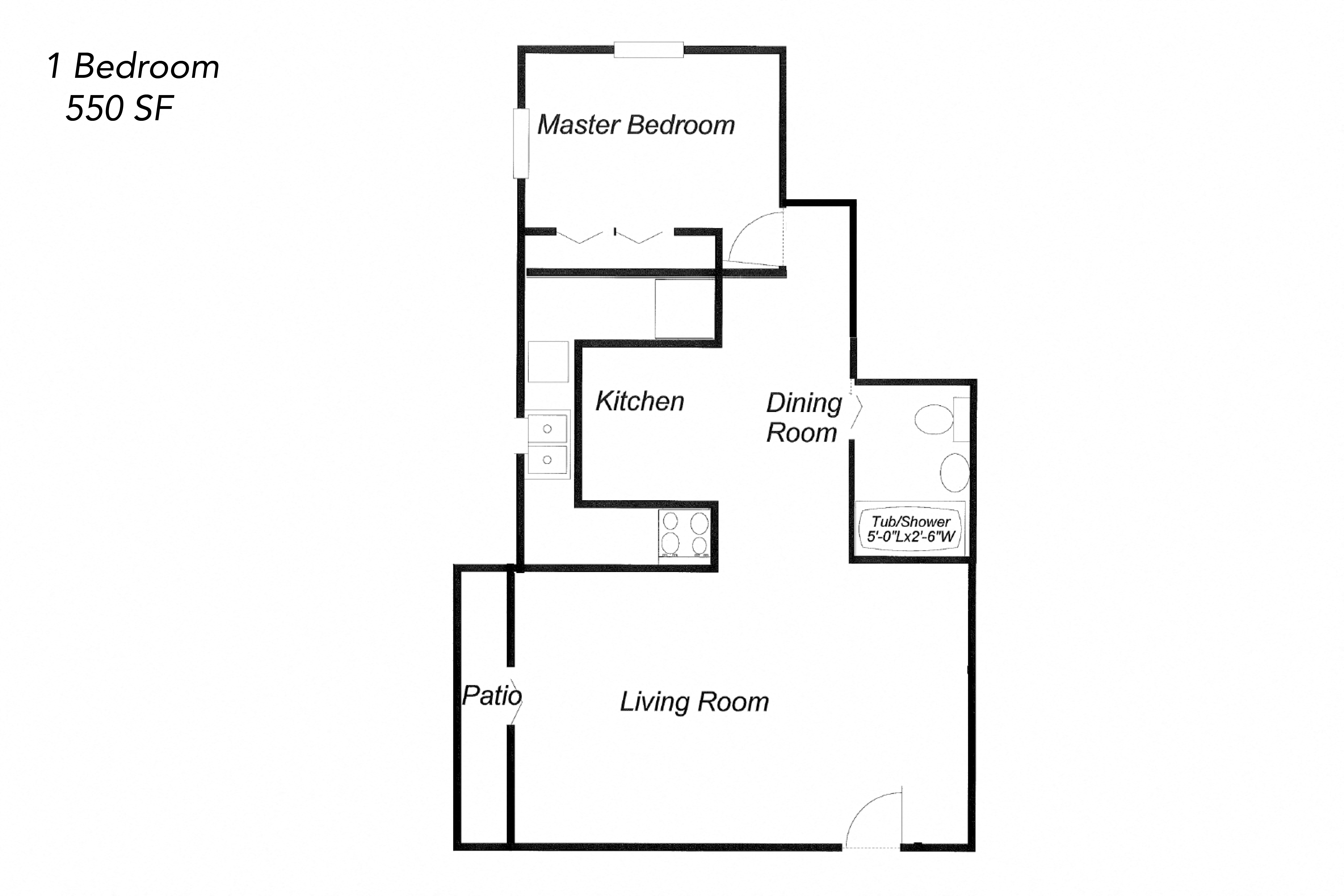 Floor plan for 1 bed, 1 bath, 550 sqft