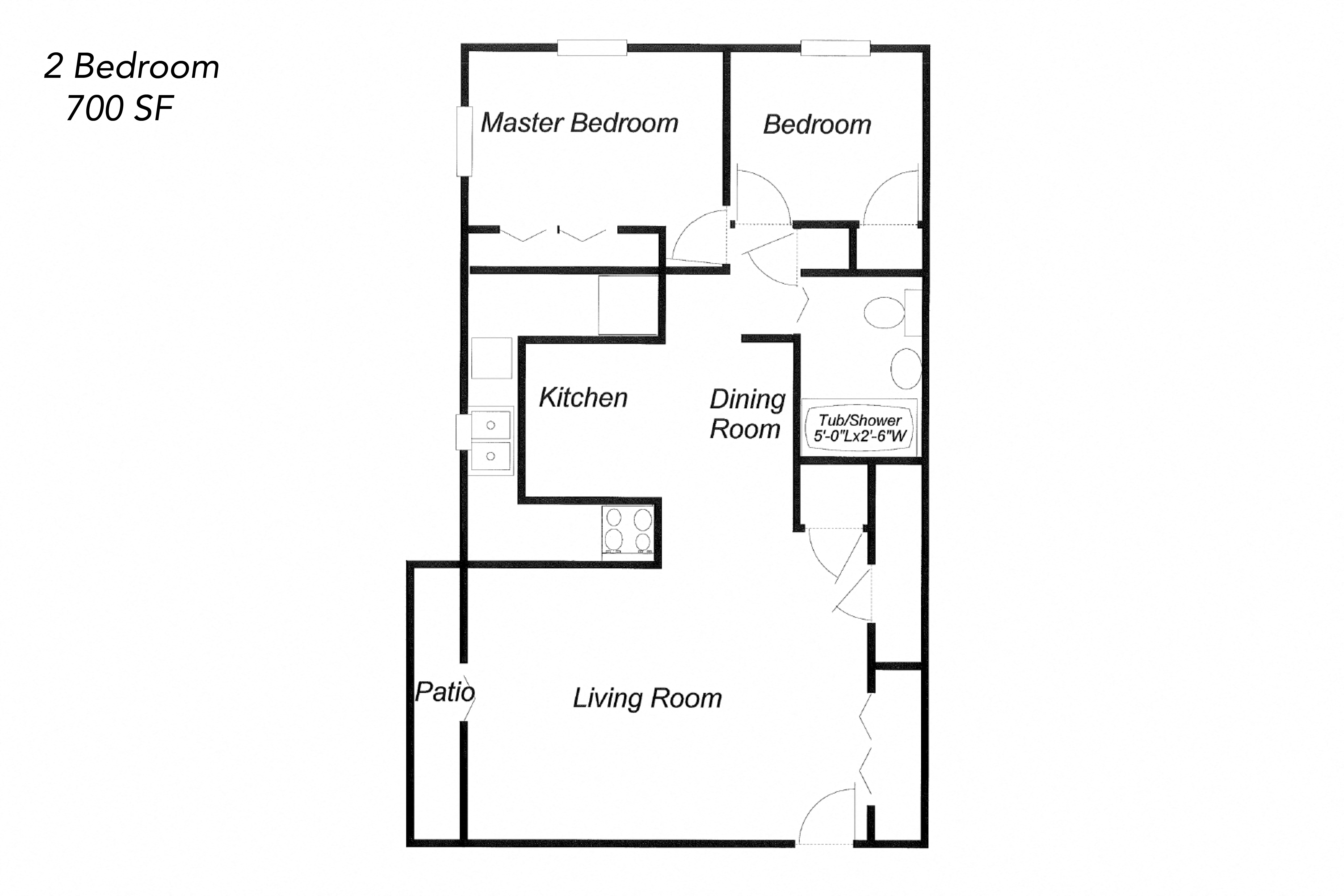 Floor plan for 2 beds, 1 bath, 700 sqft