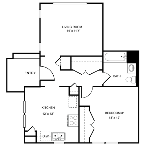 Floor plan for 1 bed, 1 bath, 870 sqft