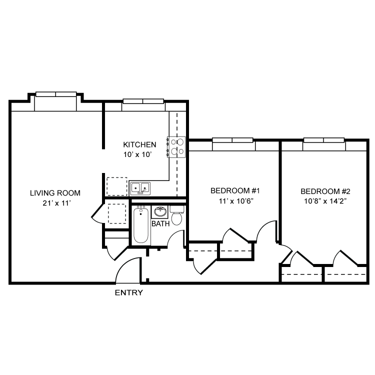 Floor plan for 2 beds, 1 bath, 975 sqft