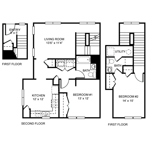 Floor plan for 2 beds, 1 bath, 870 sqft