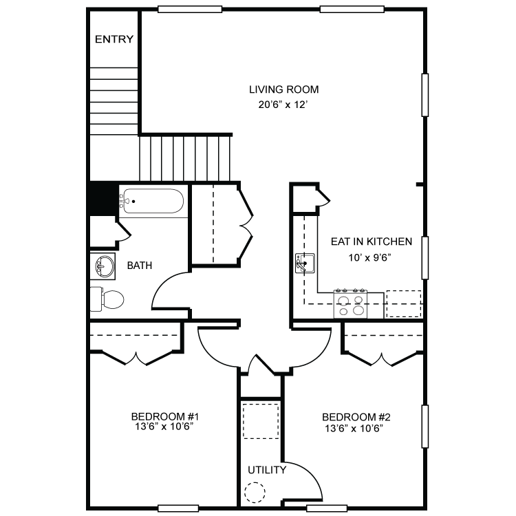 Floor plan for 2 beds, 2 baths, 990 sqft