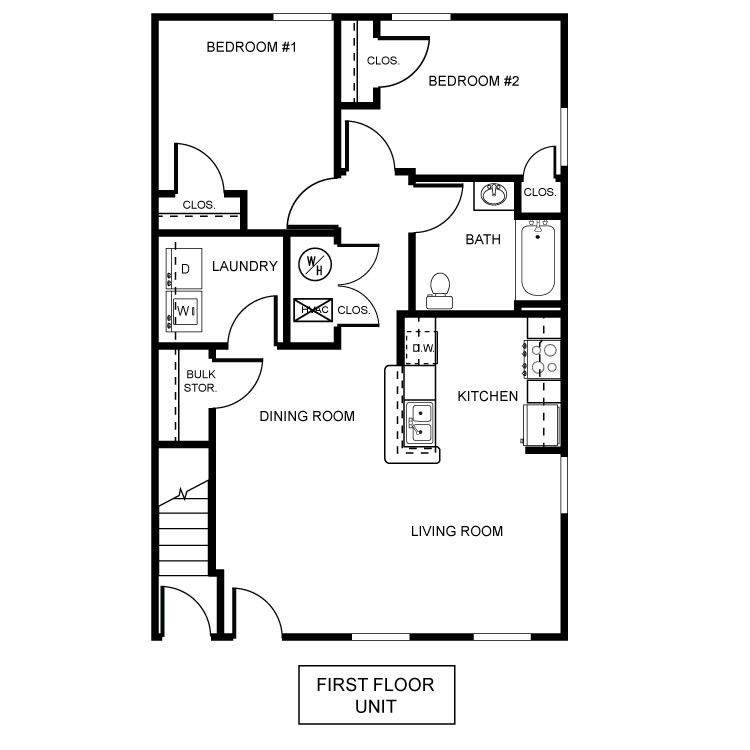 Floor plan for 2 beds, 1 bath, 956 sqft