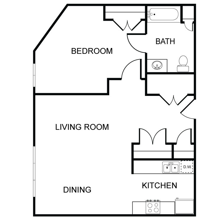 Floor plan for 1 bed, 1 bath, 750 sqft