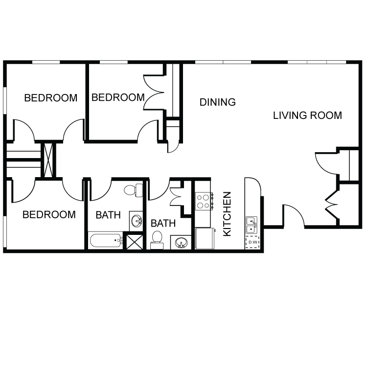 Floor plan for 3 beds, 1.5 baths, 998 sqft