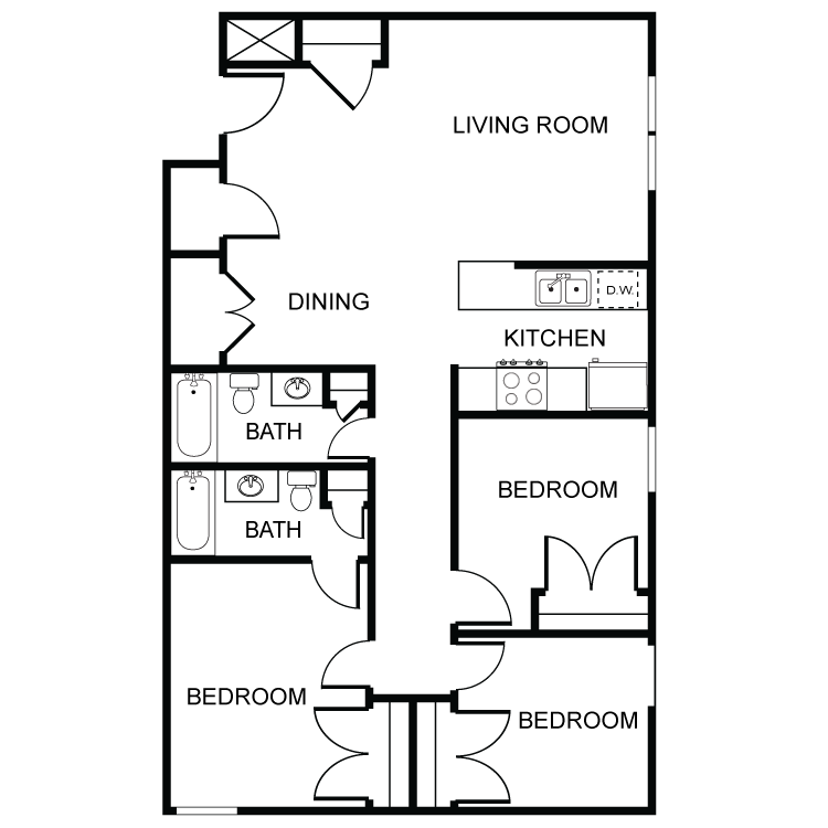 Floor plan for 3 beds, 2 baths, 1186 sqft