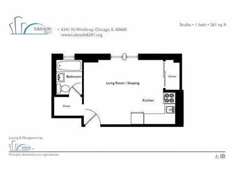 Floor plan for studio, 1 bath, 288 sqft
