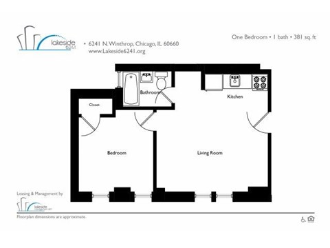 Floor plan for 1 bed, 1 bath, 381 sqft
