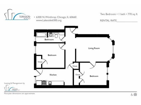 Floor plan for 2 beds, 1 bath, 753 sqft