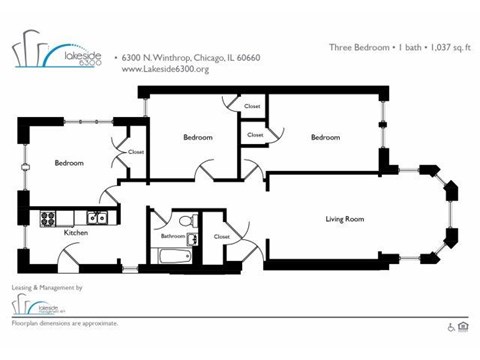 Floor plan for 3 beds, 1 bath, 1025 sqft