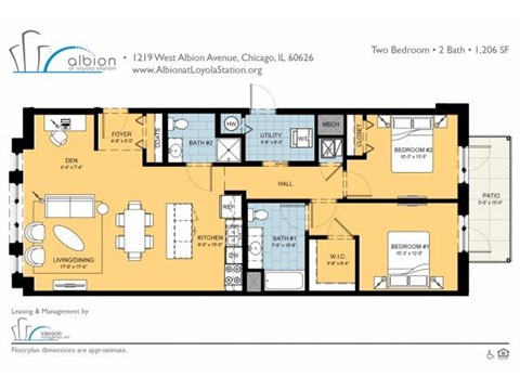 Floor plan for 2 beds, 2 baths, 1169 sqft