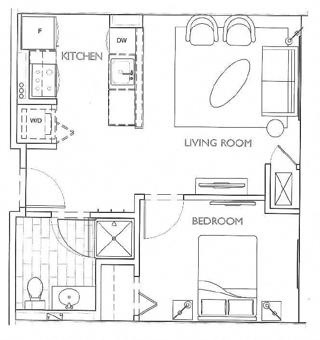 Floor plan for 1 bed, 1 bath, 555 sqft