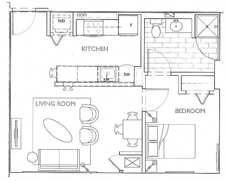 Floor plan for 1 bed, 1 bath, 625 sqft