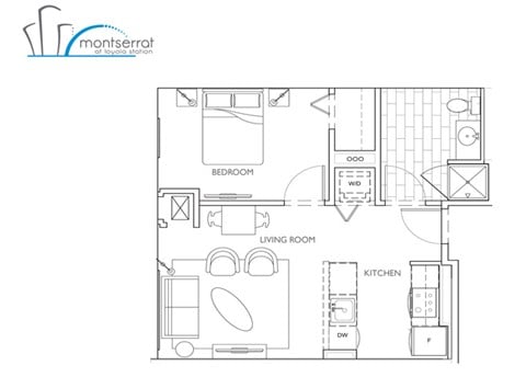Floor plan for 1 bed, 1 bath, 576 sqft