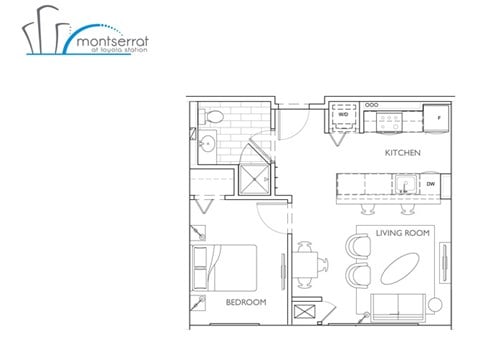 Floor plan for 1 bed, 1 bath, 600 sqft