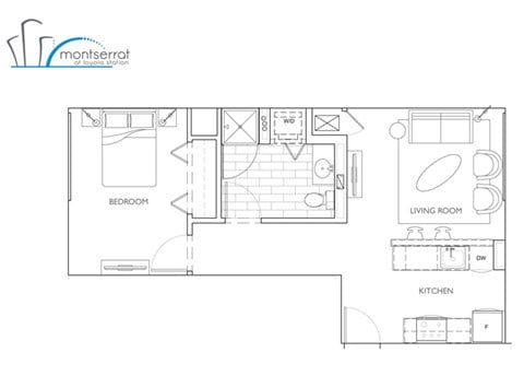 Floor plan for 1 bed, 1 bath, 638 sqft